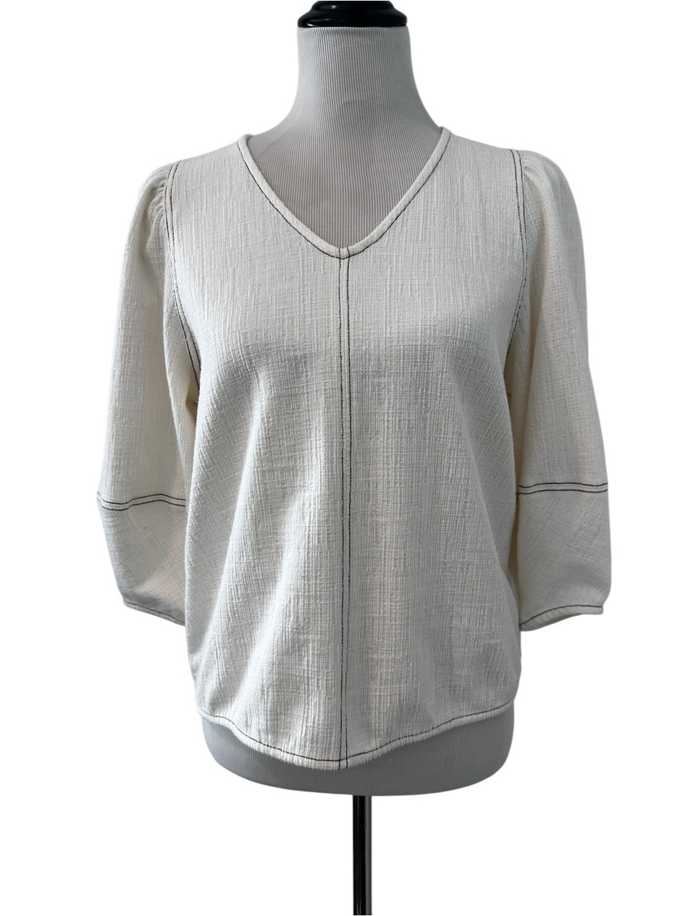 Anthropology Current Air Cream V-Neck Textured Puff Sleeve Top in Size Medium